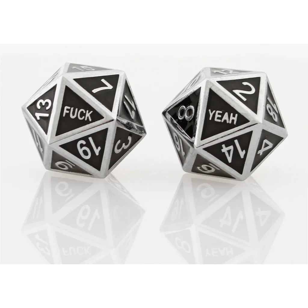 Fuck Yeah Set of 2 D20 Metal Dice - Guardian Silver Black