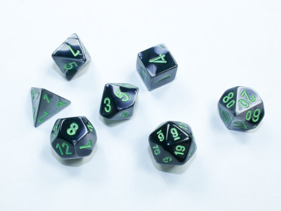 Chessex Mini Gemini Polyhedral 7ct Dice Set - Black-Grey w/ Green