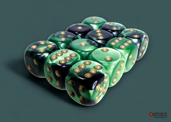 Chessex Gemini Black-Green w/ Gold 12mm d6 Dice Set