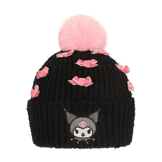 Kuromi Pearls Black Cuffed Knit Beanie